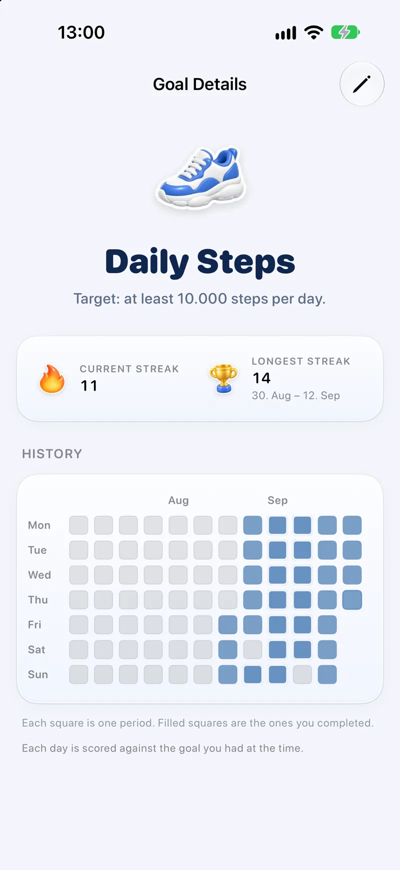 Daily steps goal with an 11-day streak and the history grid