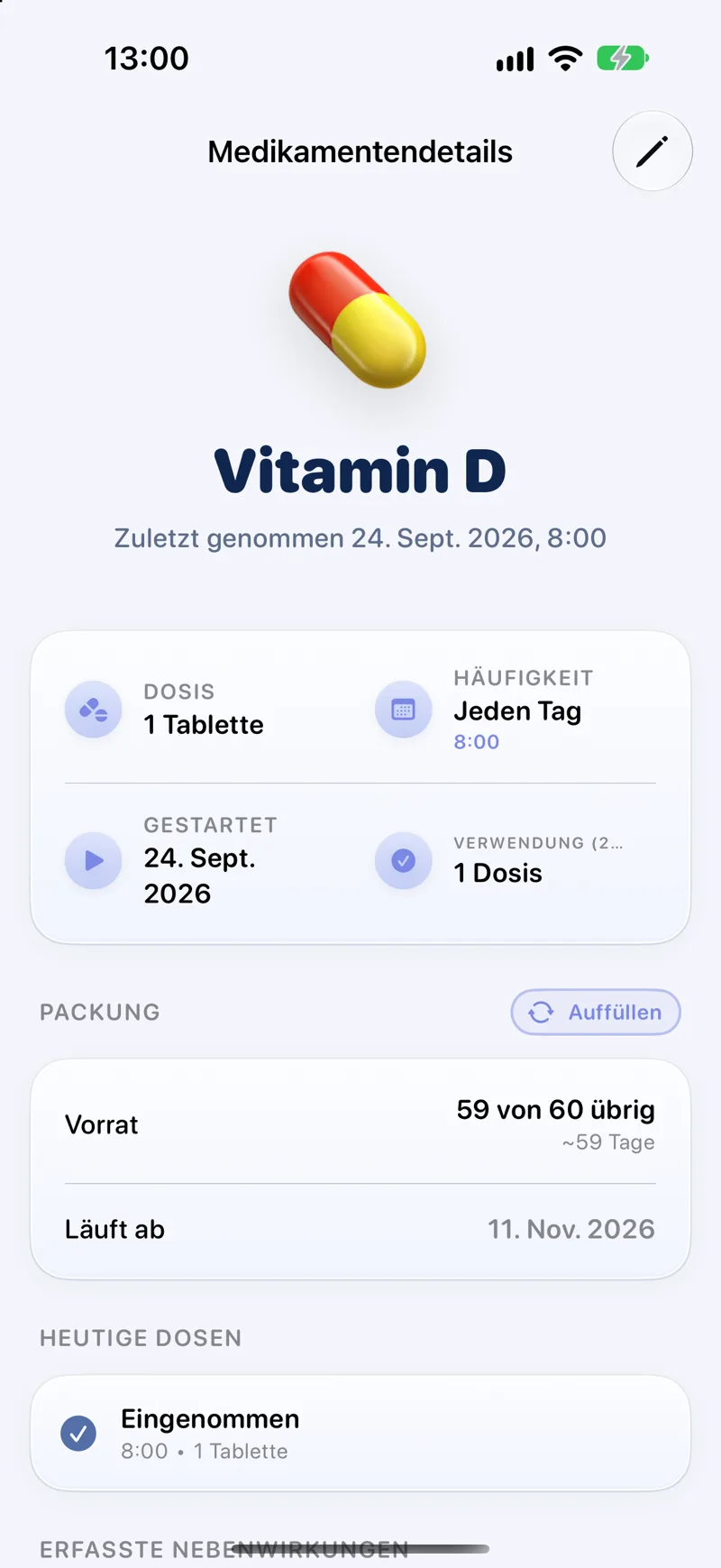 Medikamentendetails mit heutigen Dosen, Vorrat und Ablaufdatum