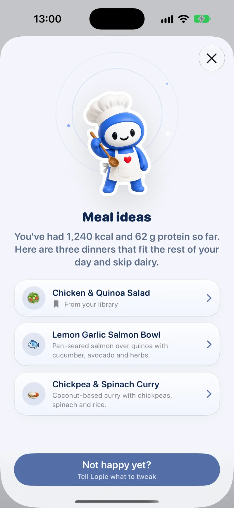 Lopie suggesting three dinners that fit the rest of the day