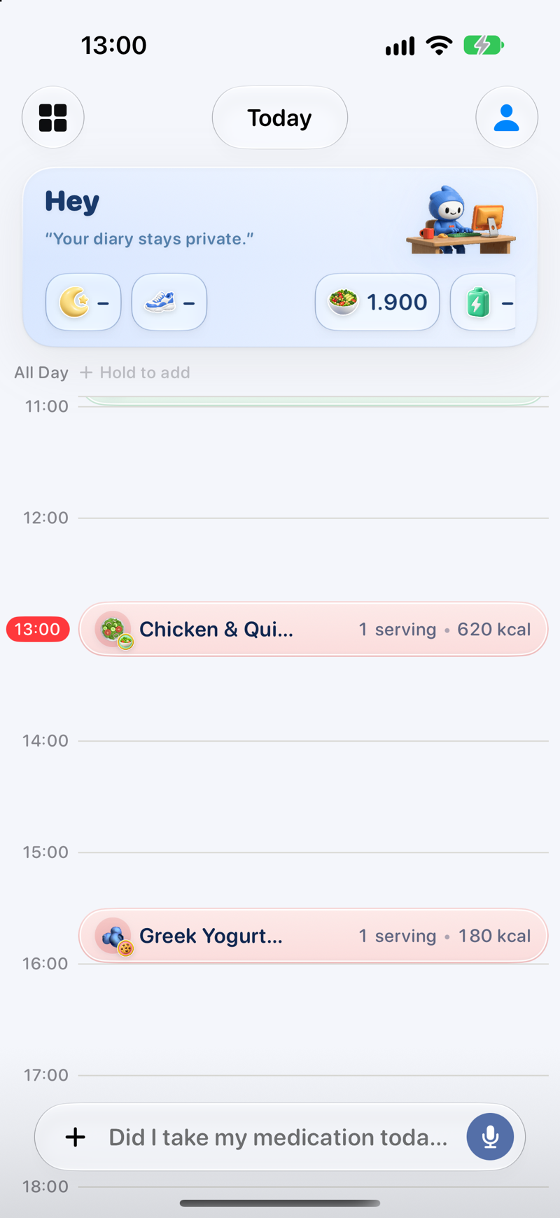 app to log meals by photo with AI vision nutrition estimation on a timeline