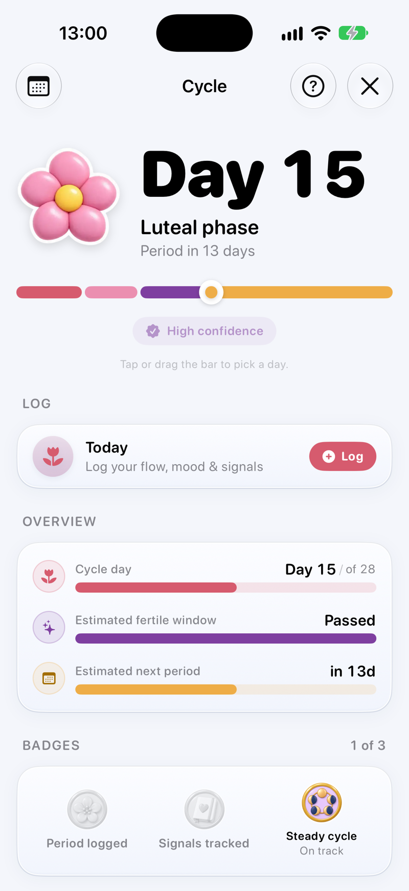 cycle tracking app showing cycle phase and progress