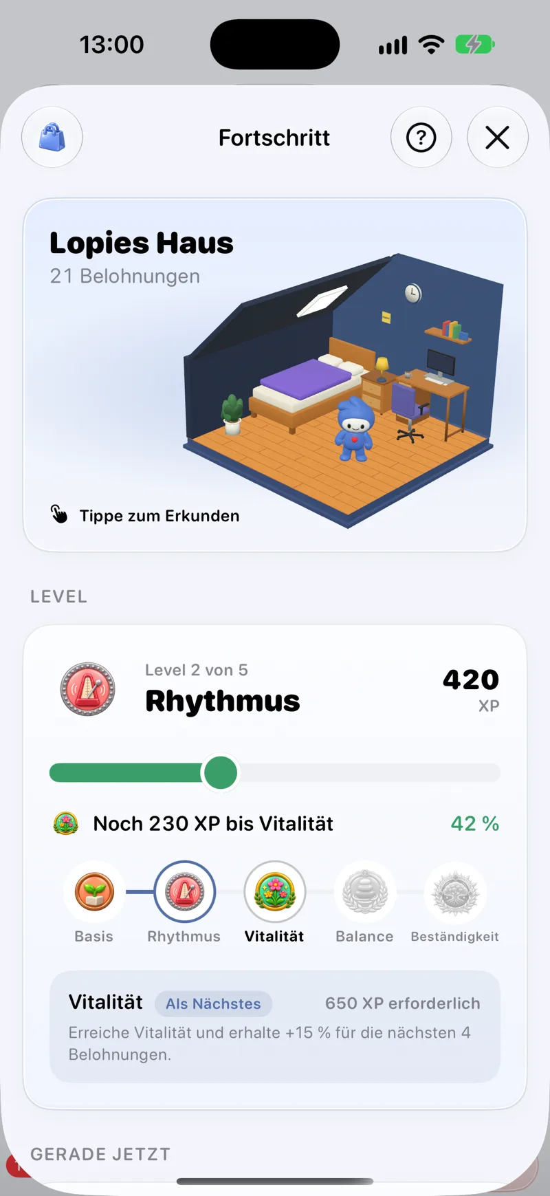 Fortschritt mit aktuellem Level, Coins und Serien