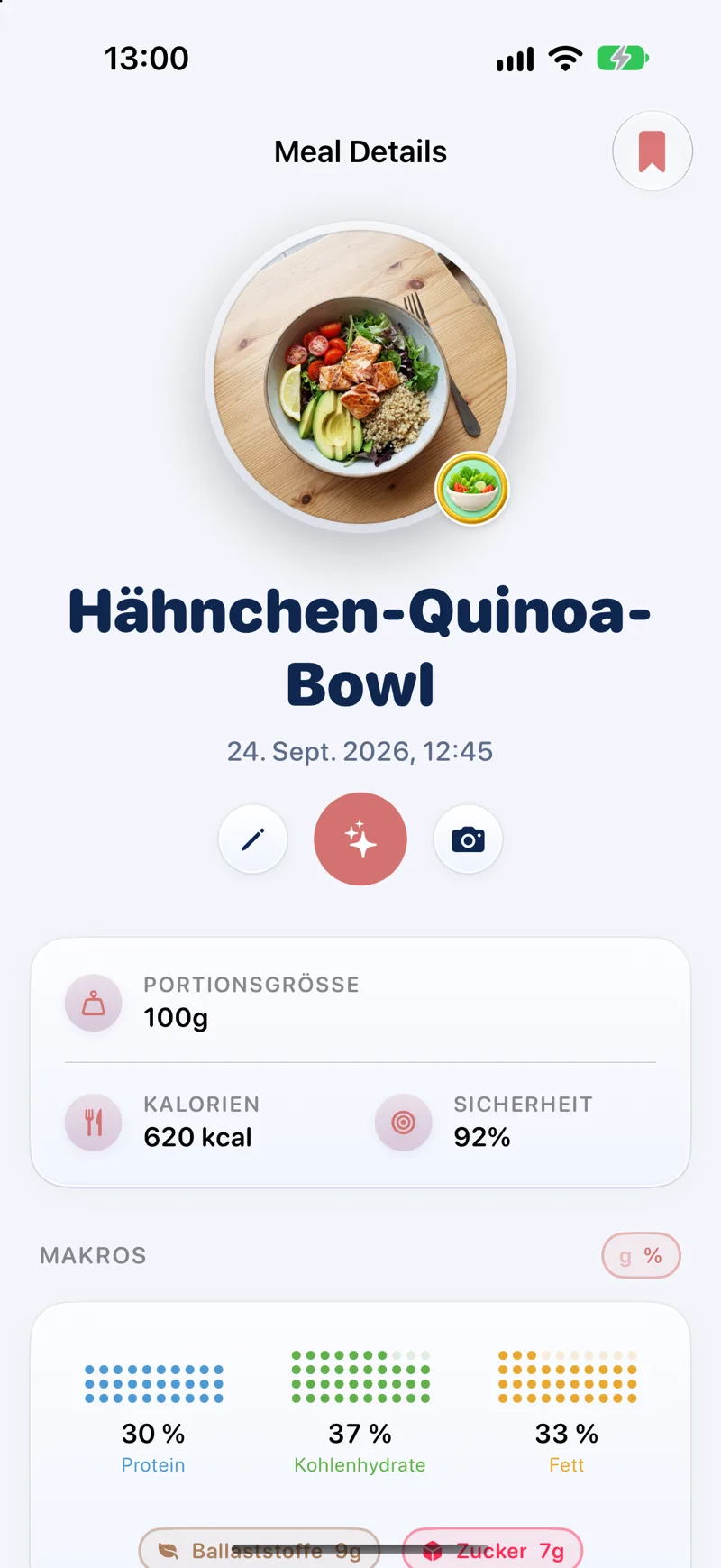 Mahlzeitdetails einer Hähnchen-Quinoa-Bowl mit Kalorien und Makros