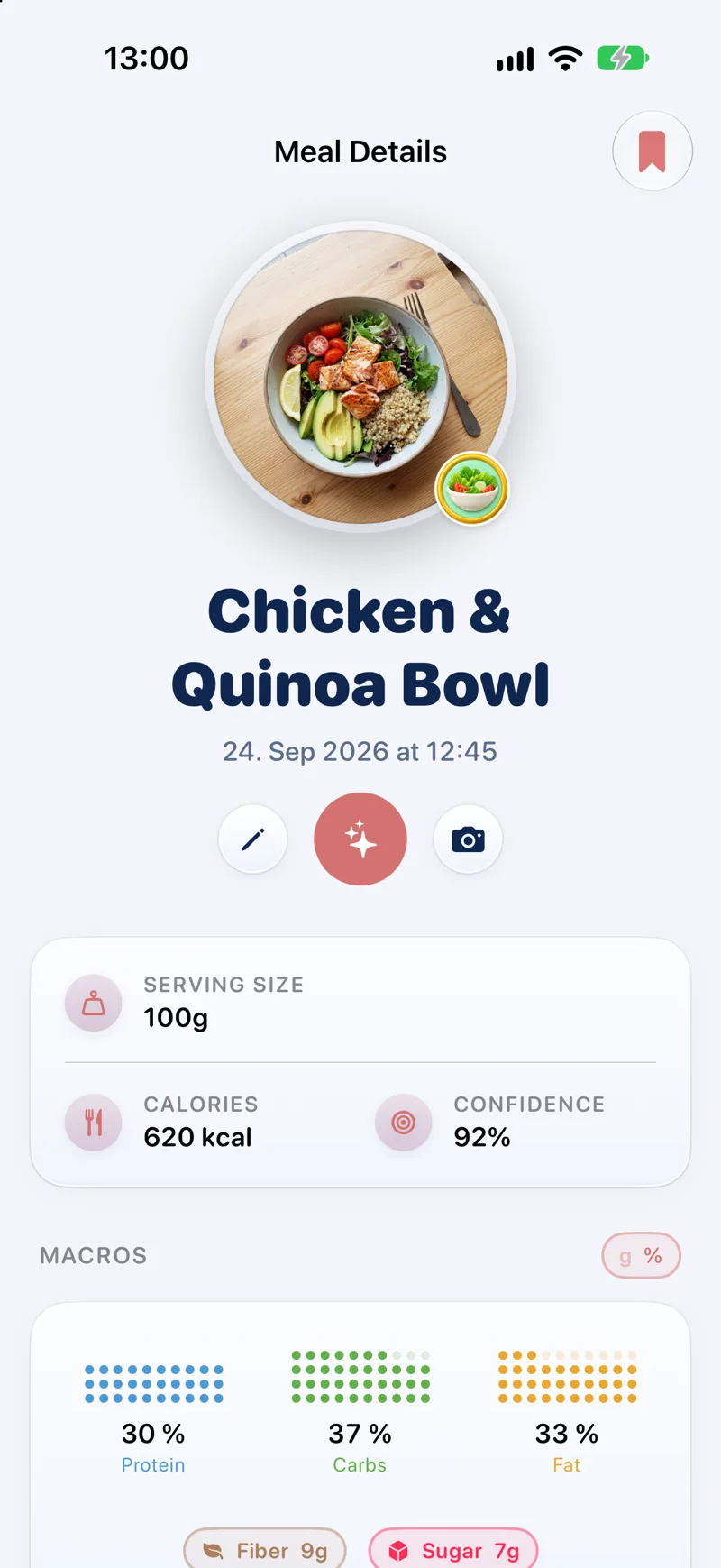 Meal detail for a chicken and quinoa bowl with calories and macros