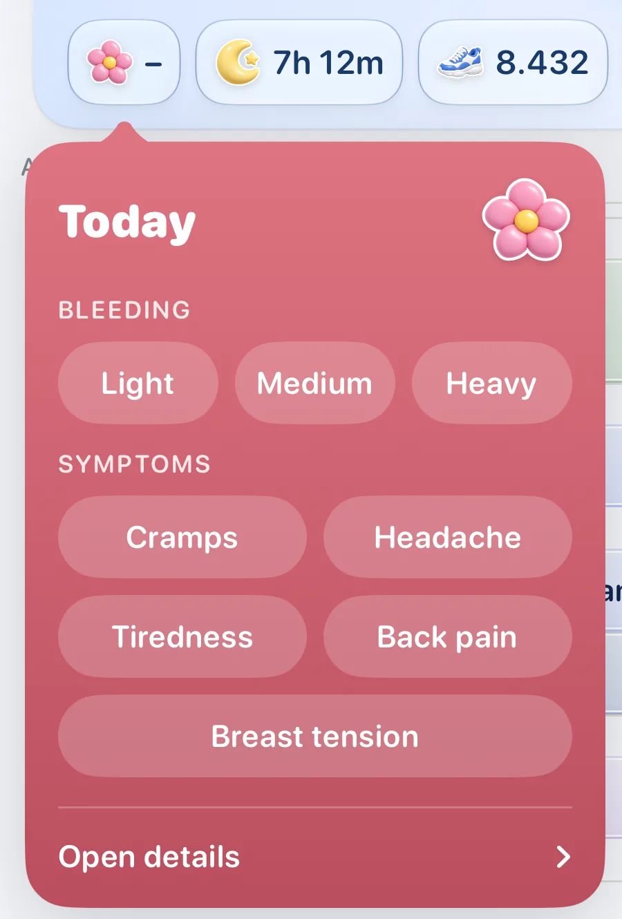 Cycle quick log with bleeding and symptom buttons