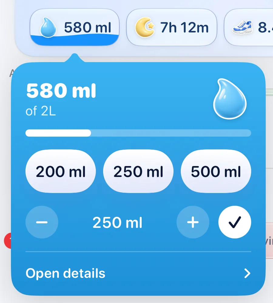 Water quick log with 200, 250 and 500 ml buttons